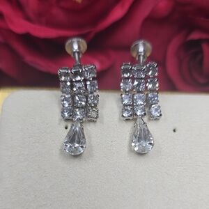 Duane Signed Silver Tone Dangle Rhinestone Screw-back Vtg Earrings